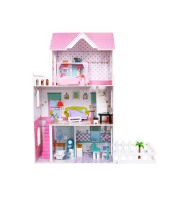 Medinis lėlių namelis su baldais ir sodu