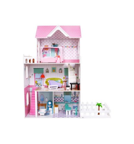 Medinis lėlių namelis su baldais ir sodu