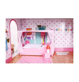 Medinis lėlių namelis su baldais ir sodu