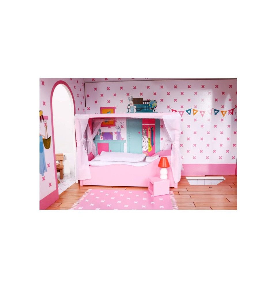 Medinis lėlių namelis su baldais ir sodu