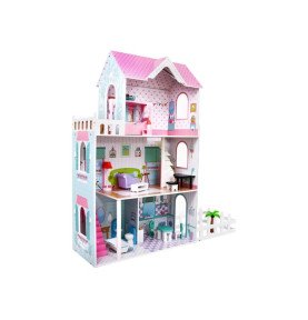 Medinis lėlių namelis su baldais ir sodu