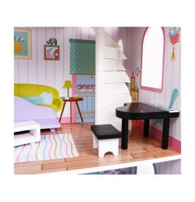 Medinis lėlių namelis su baldais ir sodu