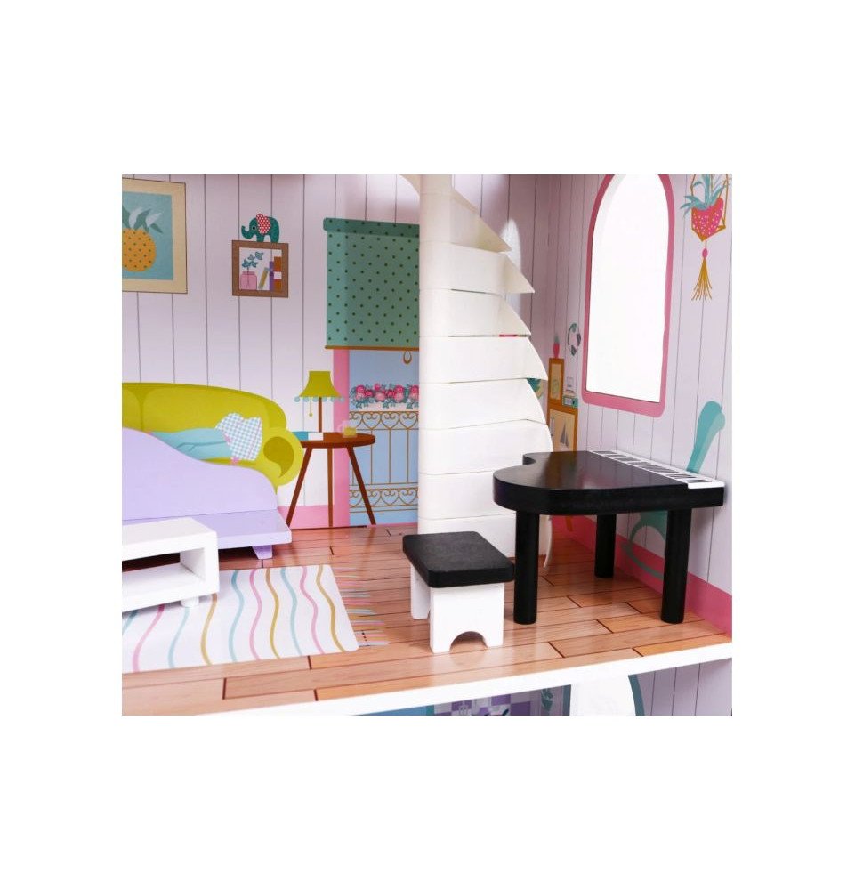 Medinis lėlių namelis su baldais ir sodu