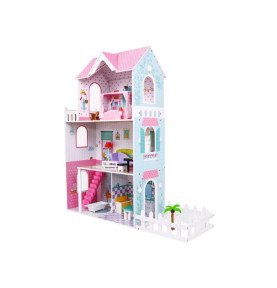 Medinis lėlių namelis su baldais ir sodu