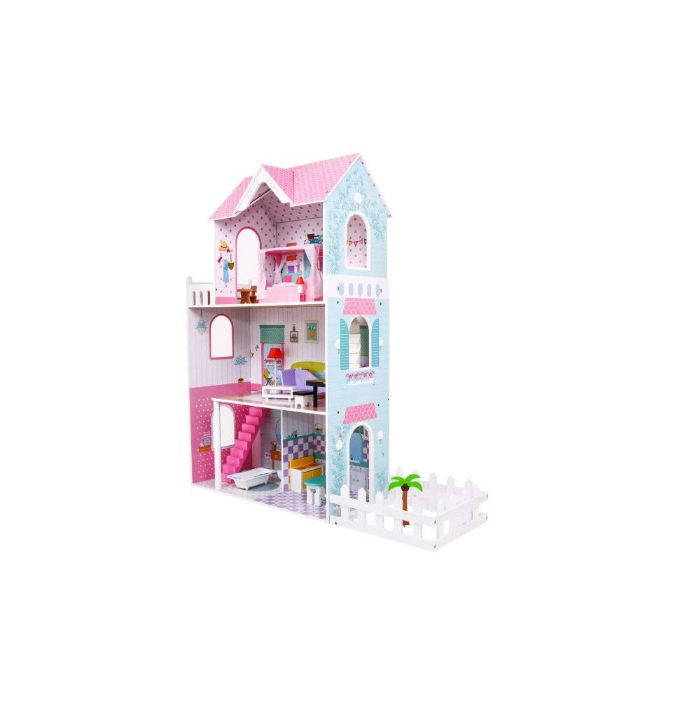 Medinis lėlių namelis su baldais ir sodu