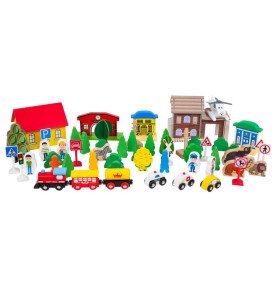 Medinis žaidimų stalas su traukinuku ir priedais