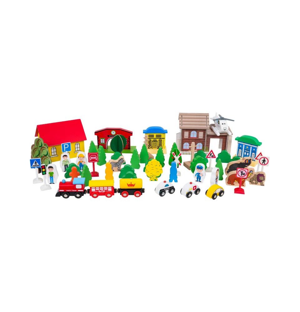 Medinis žaidimų stalas su traukinuku ir priedais