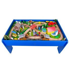 Medinis žaidimų stalas su traukinuku ir priedais