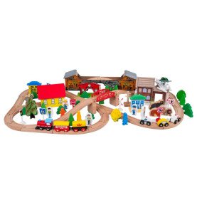 Medinis žaidimų stalas su traukinuku ir priedais