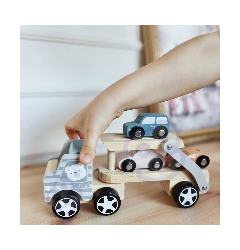 Medinis vilkikas su automobiliais