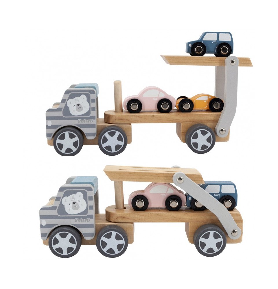 Medinis vilkikas su automobiliais