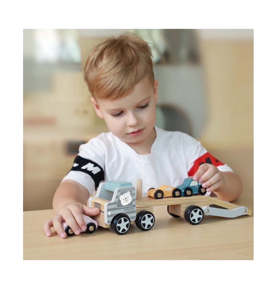 Medinis vilkikas su automobiliais