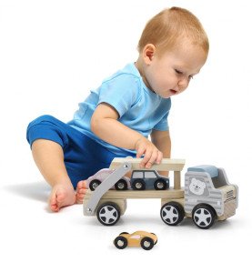 Medinis vilkikas su automobiliais