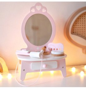 Medinis staliukas mergaitėms su veidrodžiu, tiesintuvu ir priedais