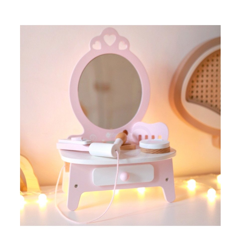Medinis staliukas mergaitėms su veidrodžiu, tiesintuvu ir priedais