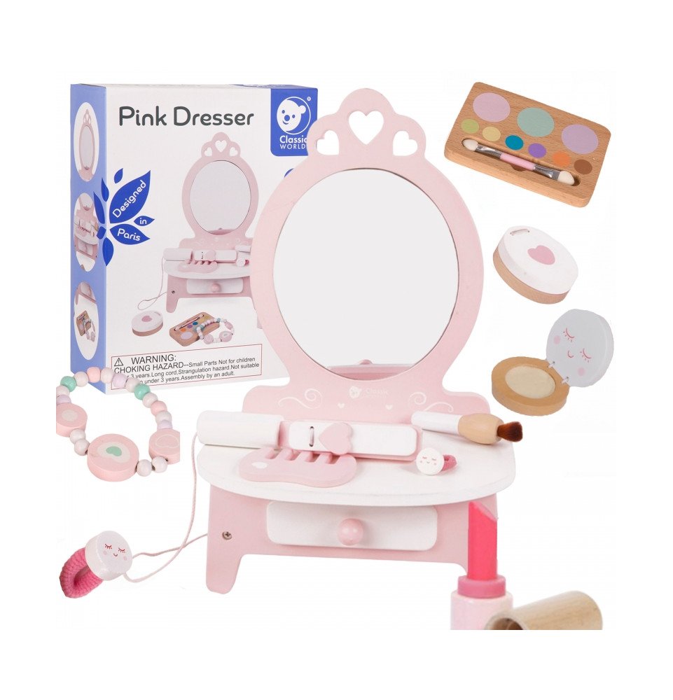 Medinis staliukas mergaitėms su veidrodžiu, tiesintuvu ir priedais