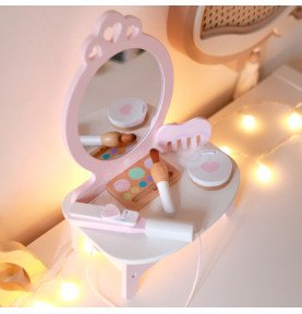 Medinis staliukas mergaitėms su veidrodžiu, tiesintuvu ir priedais