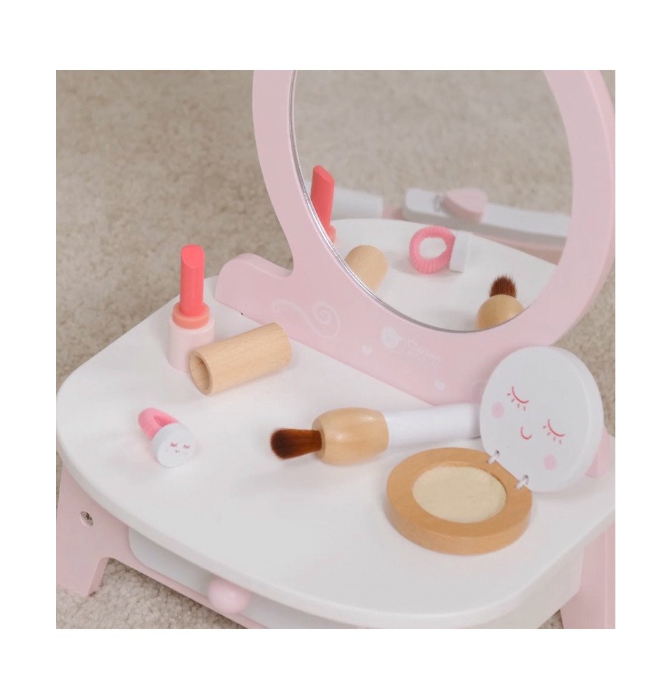 Medinis staliukas mergaitėms su veidrodžiu, tiesintuvu ir priedais