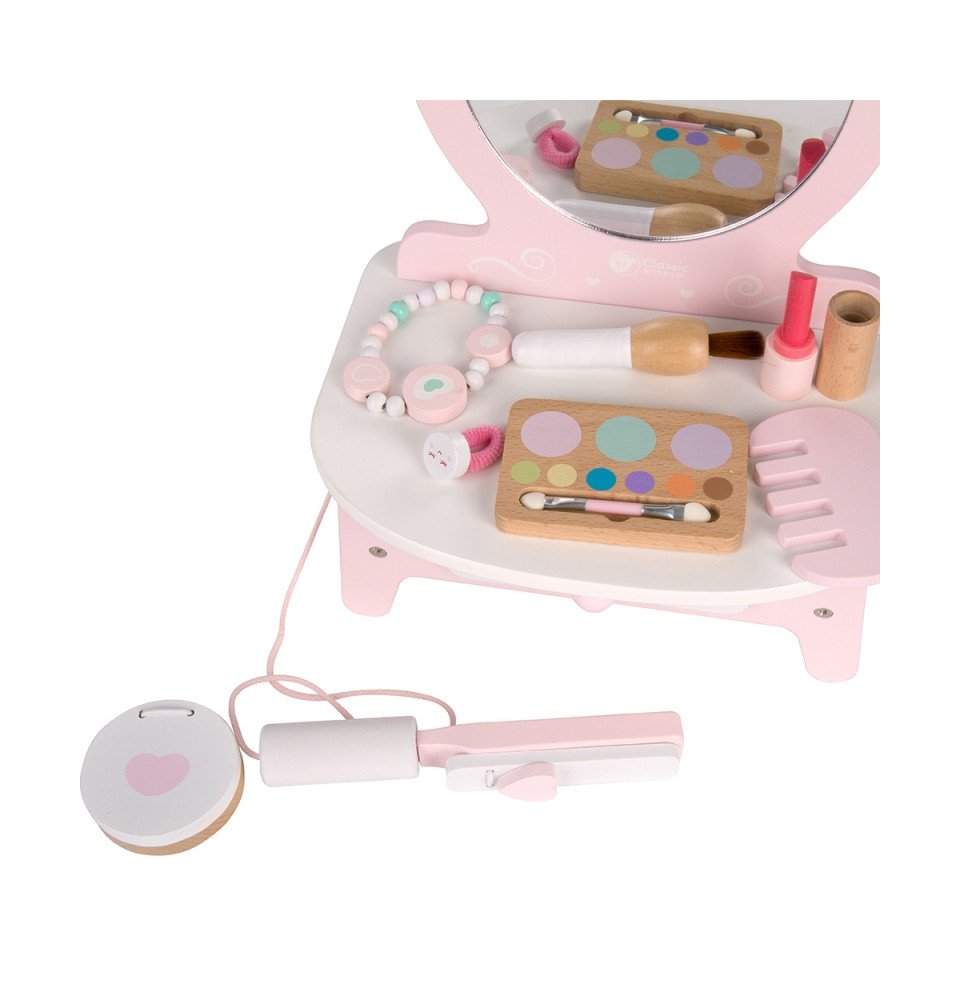 Medinis staliukas mergaitėms su veidrodžiu, tiesintuvu ir priedais