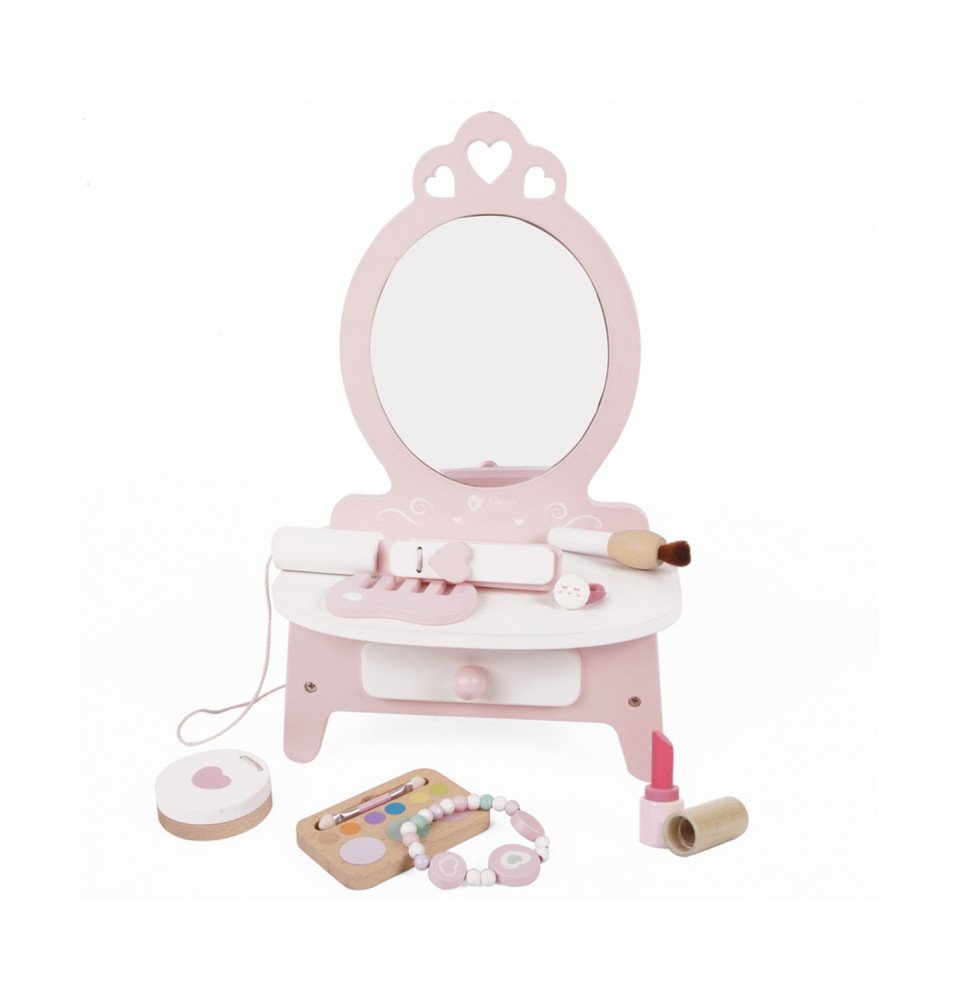 Medinis staliukas mergaitėms su veidrodžiu, tiesintuvu ir priedais