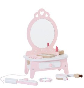 Medinis staliukas mergaitėms su veidrodžiu, tiesintuvu ir priedais