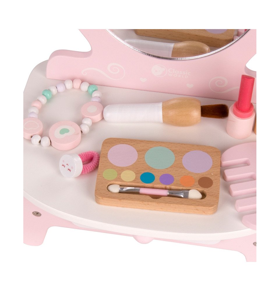 Medinis staliukas mergaitėms su veidrodžiu, tiesintuvu ir priedais