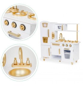Didelė medinė vaikų virtuvė, balta / auksinė