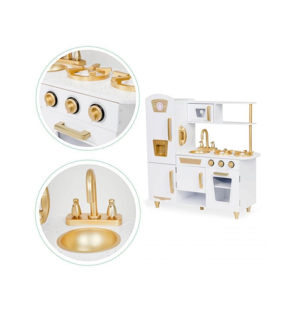 Didelė medinė vaikų virtuvė, balta / auksinė