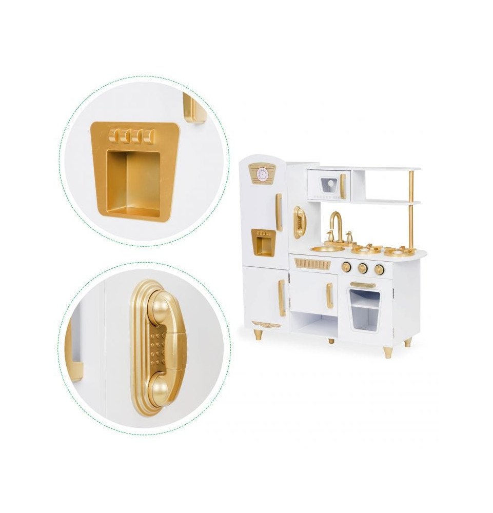 Didelė medinė vaikų virtuvė, balta / auksinė