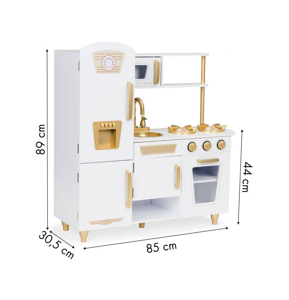 Didelė medinė vaikų virtuvė, balta / auksinė