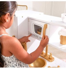 Didelė medinė vaikų virtuvė, balta / auksinė