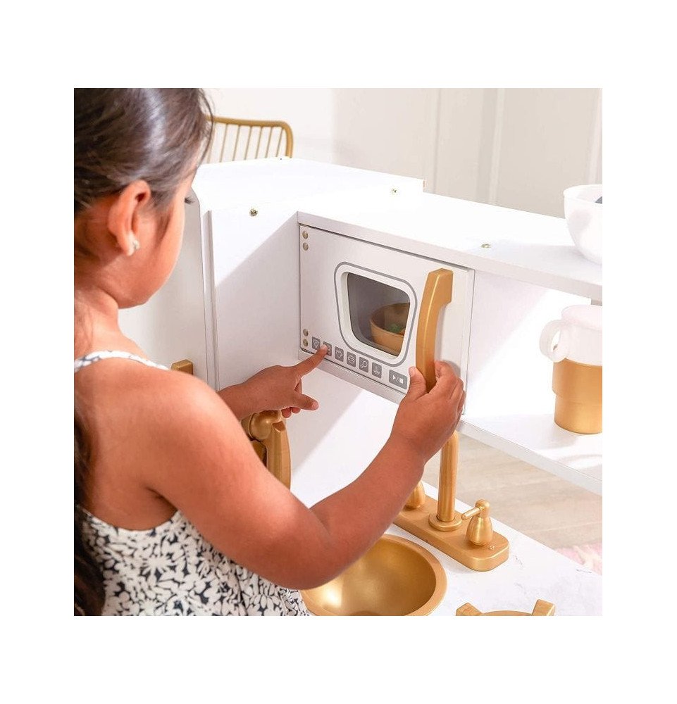 Didelė medinė vaikų virtuvė, balta / auksinė