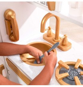 Didelė medinė vaikų virtuvė, balta / auksinė