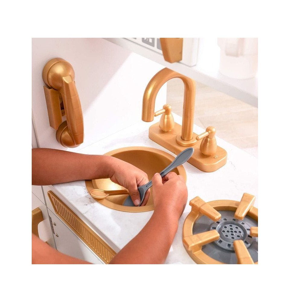 Didelė medinė vaikų virtuvė, balta / auksinė