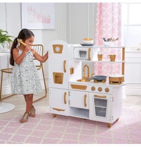 Didelė medinė vaikų virtuvė, balta / auksinė