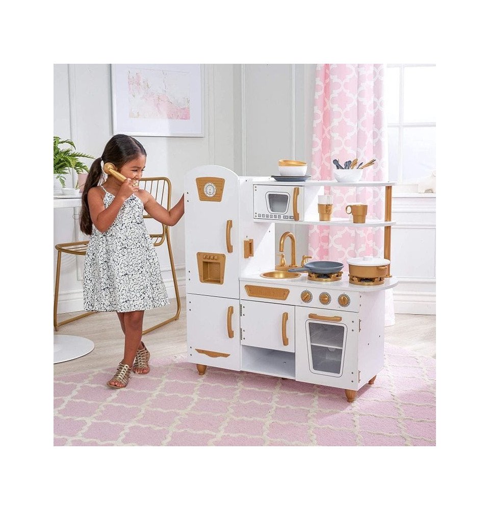 Didelė medinė vaikų virtuvė, balta / auksinė