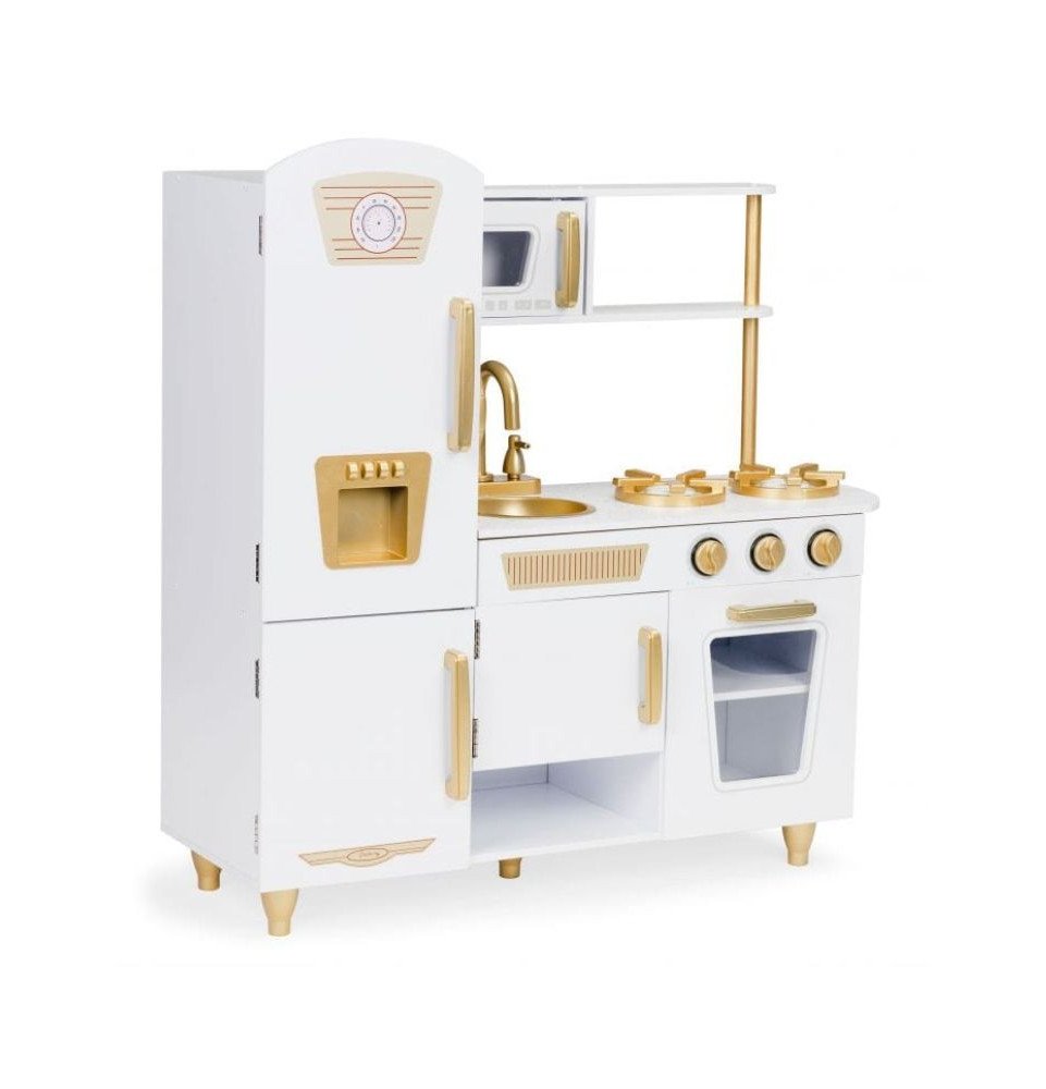 Didelė medinė vaikų virtuvė, balta / auksinė