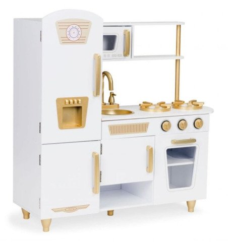 Didelė medinė vaikų virtuvė, balta / auksinė