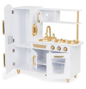 Didelė medinė vaikų virtuvė, balta / auksinė