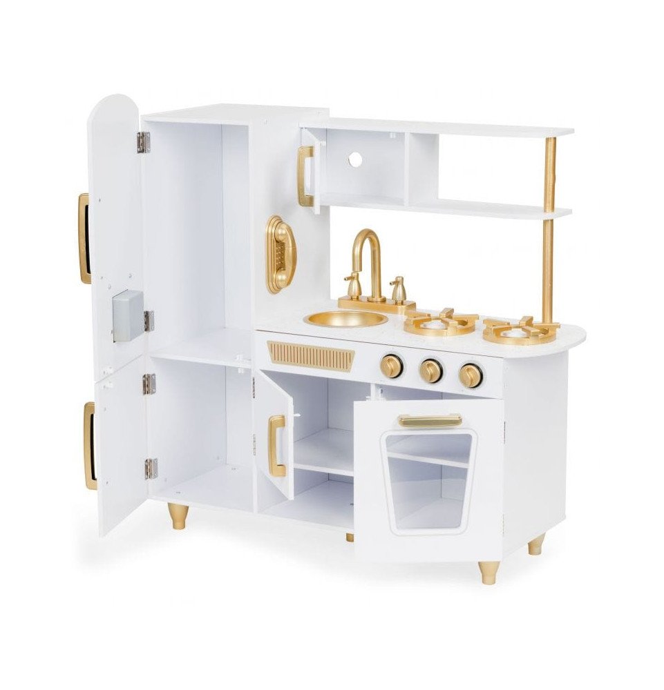 Didelė medinė vaikų virtuvė, balta / auksinė