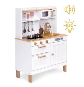 Medinė virtuvė su šviesos ir garso efektais, balta / auksinė