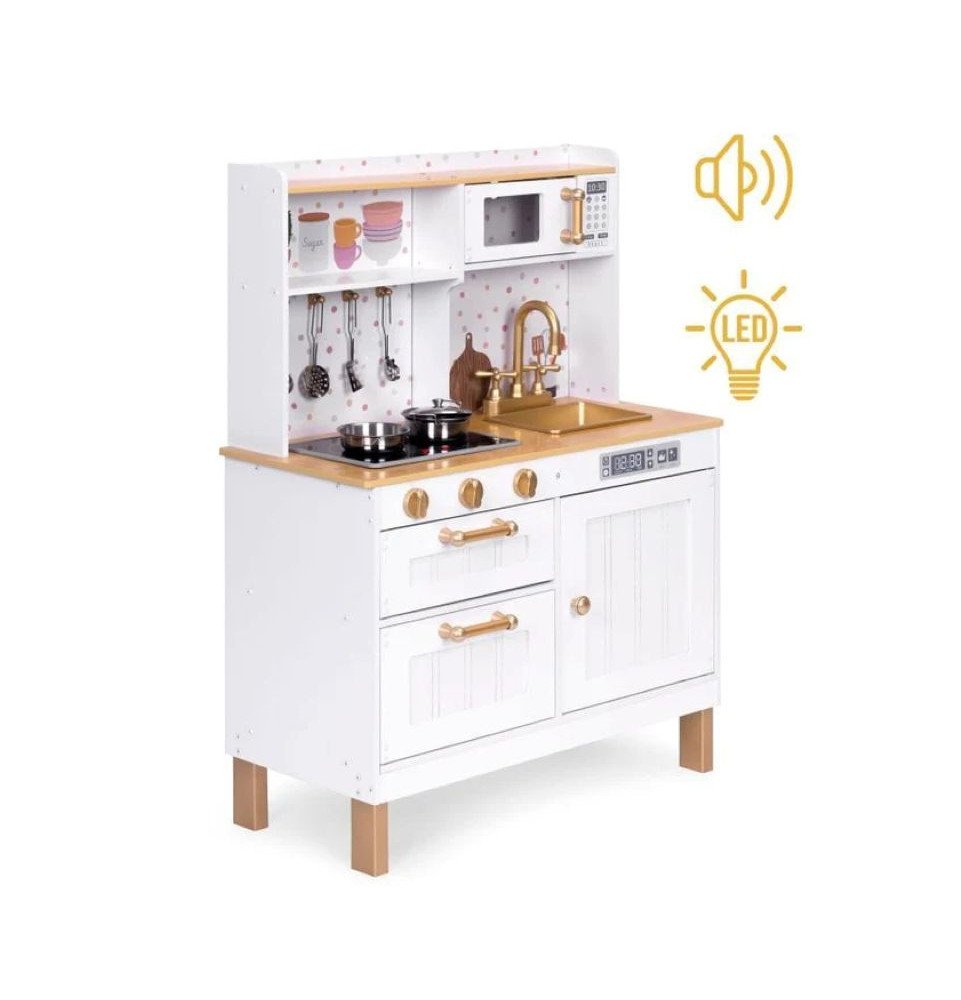 Medinė virtuvė su šviesos ir garso efektais, balta / auksinė