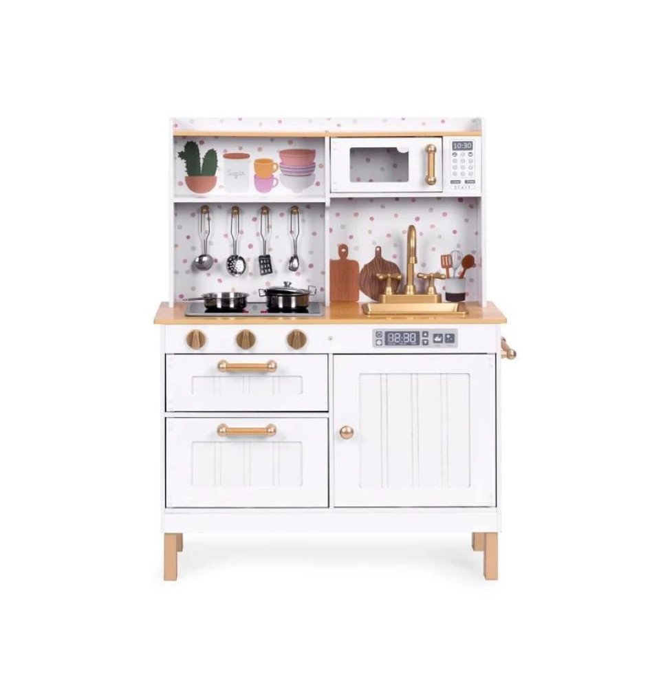 Medinė virtuvė su šviesos ir garso efektais, balta / auksinė