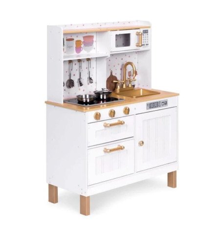 Medinė virtuvė su šviesos ir garso efektais, balta / auksinė