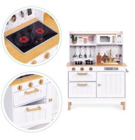 Medinė virtuvė su šviesos ir garso efektais, balta / auksinė