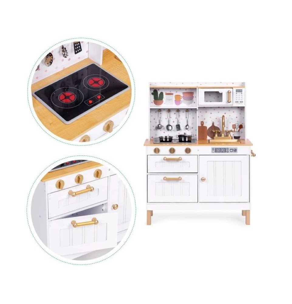 Medinė virtuvė su šviesos ir garso efektais, balta / auksinė