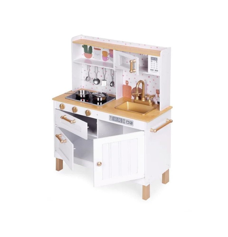 Medinė virtuvė su šviesos ir garso efektais, balta / auksinė