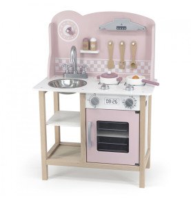 Medinė žaislinė virtuvėlė su priedais, rožinė