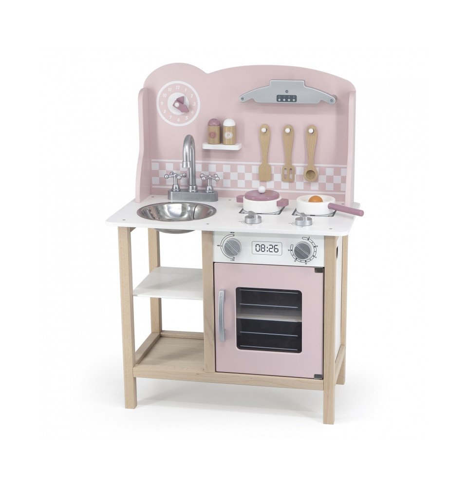 Medinė žaislinė virtuvėlė su priedais, rožinė