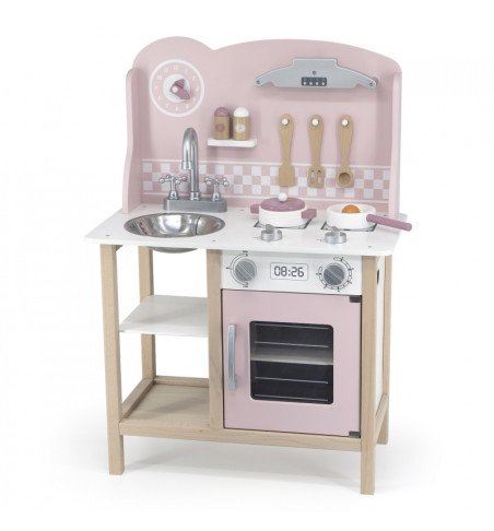 Medinė žaislinė virtuvėlė su priedais, rožinė